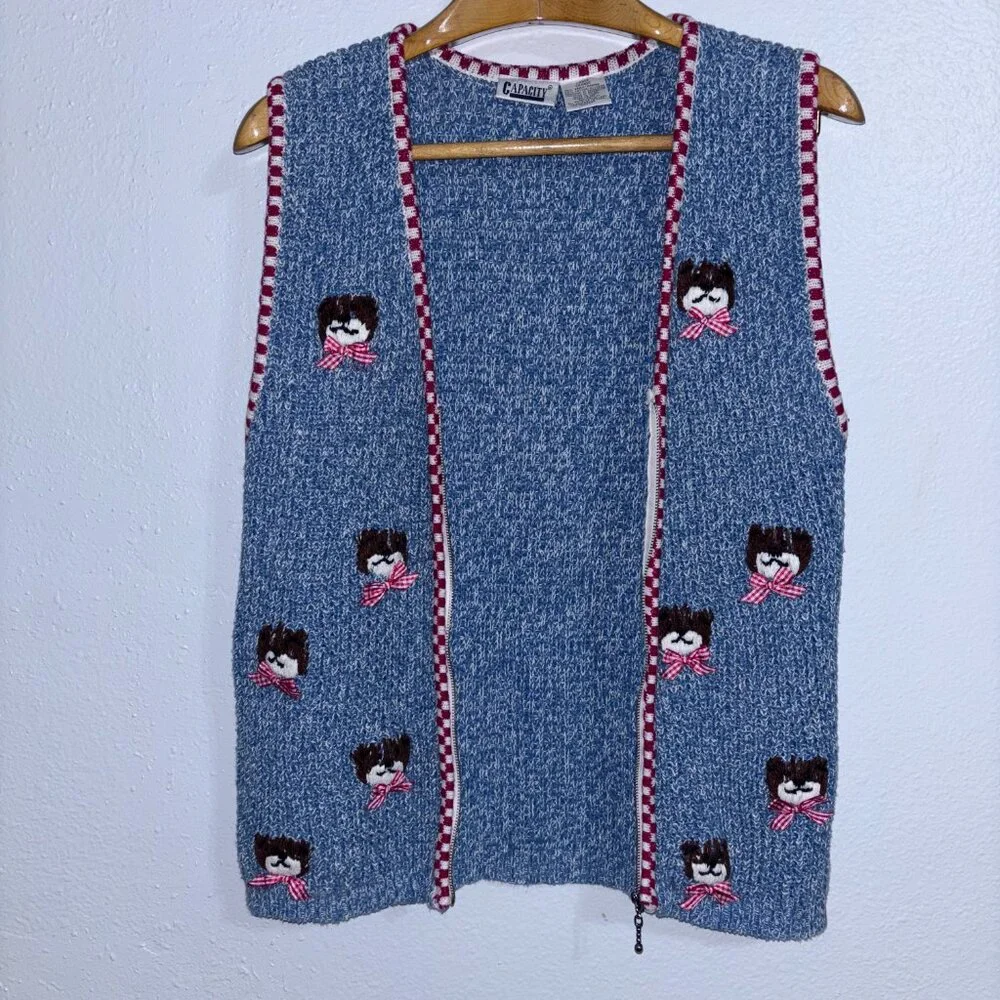 Vintage Capacity Teddy Bear‎ Sweater Vest Large Blue Knit Red Gingham Bow Ramie